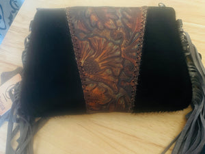 Floral tooled fringe crossbody purse